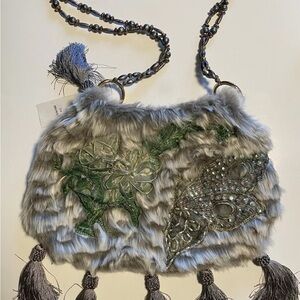 NWT- Faux Fur Brown Purse With Embroidered & Beaded Butterfly and Floral Design